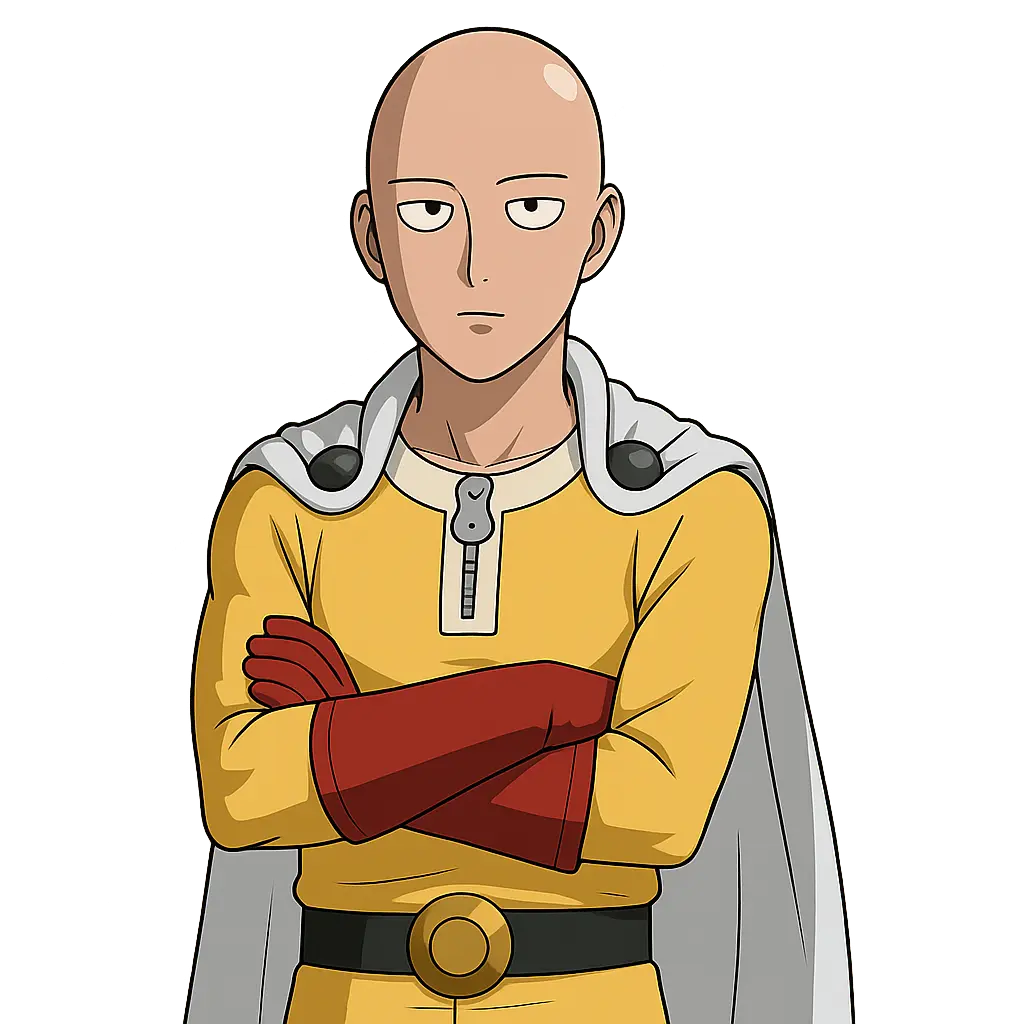 Saitama from One Punch Man in a serious pose with arms crossed, wearing his yellow hero costume
