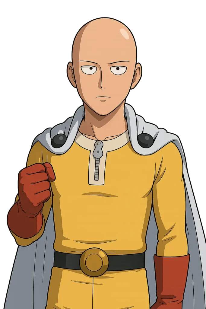 Saitama from One Punch Man Manga raising his fist in a determined pose, wearing a yellow suit and red gloves