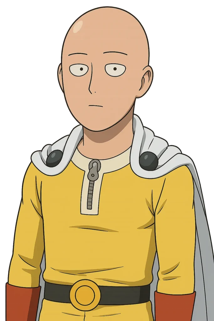 Bored anime hero with blank expression in yellow suit and white cape